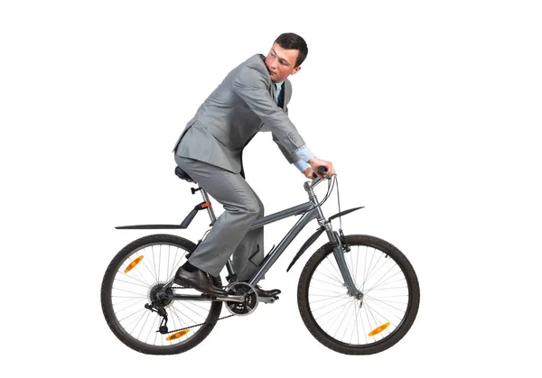 Jeune Homme Costume Affaires Gris Vélo Beau Homme Affaires Vélo — Photo