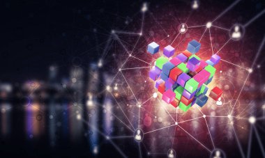 Koyu arkaplanda dijital küp figürüne sahip internet ve ağ kavramı