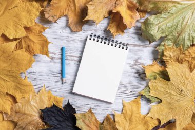 Spiral not defteri ve kalem eski ahşap masanın üzerinde.