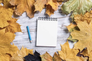 Spiral not defteri ve kalem eski ahşap masanın üzerinde.