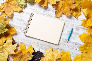 Tahta masadaki spiral çizim defteri ve kalem.