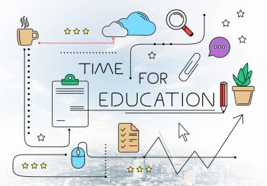 Modern şehir merkezinin arka planında eğitim için doğrusal çizim zamanı. İnternet öğrenimi ve iş bilgisi. Eğitici web içeriğinin zihin haritası. Ticari pazarlama ve iş sunumu.