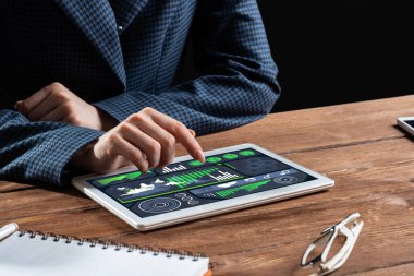 İş kadını ahşap masada tablet bilgisayar kullanıyor. Kadın eli dokunmatik ekranı işaret ediyor. Tablet ekranında çevrimiçi finansal analizlerle iş uygulaması. Strateji planlaması