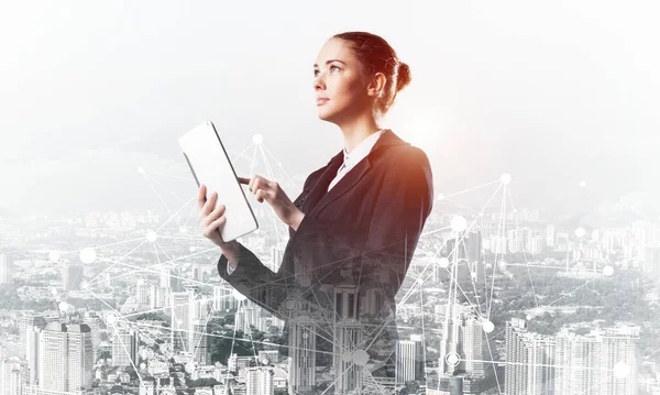 Young Businesswoman Using Tablet Computer Double Exposure Concept Modern Cityscape — Stock Photo, Image