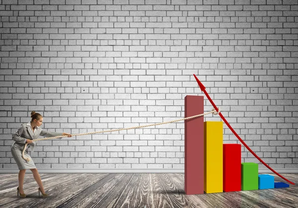 Affärskvinna dra diagram med rep som symbol för makt och kontroll — Stockfoto