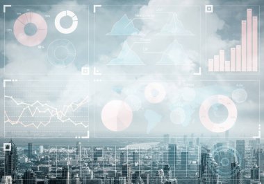 Modern ticaret bölgesinin arka planında soyut finansal grafiklerle çifte maruz kalma konsepti. Dijital ekonomi ve küresel online ticaret. Yatırım yönetimi ve strateji planlaması