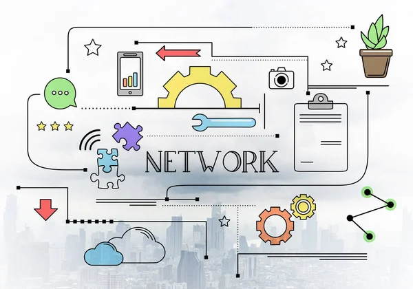 Síťové Připojení Lineární Náčrt Pozadí Moderní Městské Krajiny Strategické Plánování — Stock fotografie