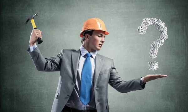 Businessman Going Crash Hammer Question Mark Young Handsome Man Business — Stock Photo, Image