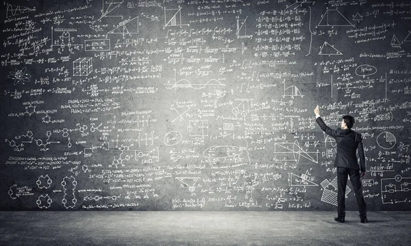 Businessman Teacher Drawing Science Sketches Blackboard — Stock Photo, Image