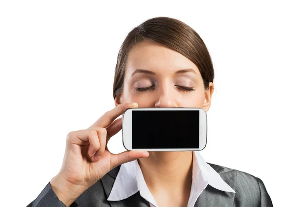 Pretty woman with closed eyes showing mobile phone — Stock Photo, Image