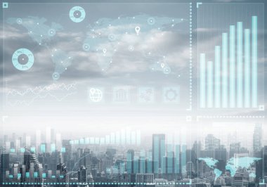 Modern şehir manzarasının arka planında soyut borsa verileri olan çifte teşhir işi kavramı. Online ticaret platformunun sanal arayüzü. Dijital ekonomik endeksler, analitik ve istatistikler.