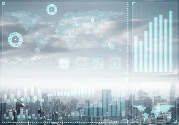Modern şehir manzarasının arka planında soyut borsa verileri olan çifte teşhir işi kavramı. Online ticaret platformunun sanal arayüzü. Dijital ekonomik endeksler, analitik ve istatistikler.