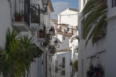 İspanyol köyünde bitkilerle dolu beyaz evler Costa Blanca 'da Altea