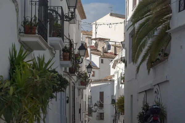 Casas Blancas Con Plantas Estrecha Calzada Pueblo Español Altea Costa — Foto de Stock