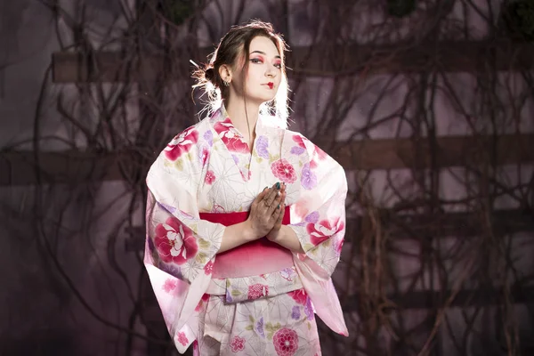 Elegante Chica Clásico Vestido Tradicional Japonés Kimono Blanco Rosa Pie —  Fotos de Stock