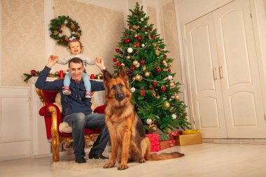 sevgi dolu bir baba ve tatlı kızı bir sandalyeye, ayakları büyük bir çoban köpeği oturmak, Noel için dekore edilmiş oda zevk