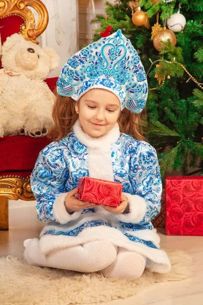 Kind Sweet Girl Child Blue Dress Kokoshnik Her Head Posing — Stock Photo, Image