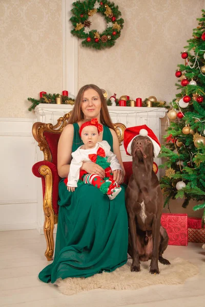 Édes Anya Csecsemő Kislánya Egy Széken Egy Berendezett Szobában Karácsonyi — Stock Fotó