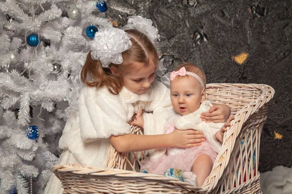 Две Милые Реальные Дети Сестры Позируют Черном Фоне Белой Елкой — стоковое фото