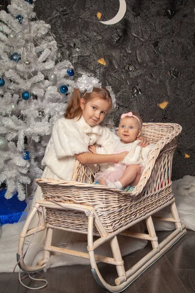 two cute real child sisters pose on a black background with a white Christmas tree together