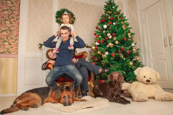 sevgi dolu bir odada aile için yeni yıl, güzel büyük Noel ağacının yanında oturan dekore edilmiş