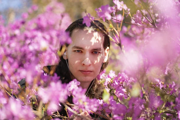 Romantisk Kille Promenader Trädgården Med Rosa Blommor Rhododendron Träd — Stockfoto