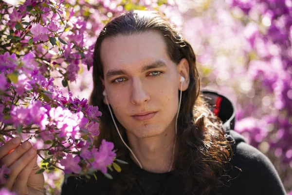 Romantiker Spaziert Garten Mit Rosa Blüten Des Rhododendronbaums — Stockfoto