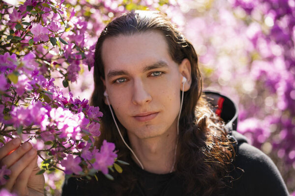 romantic guy walks in the garden with pink flowers of rhododendron tree