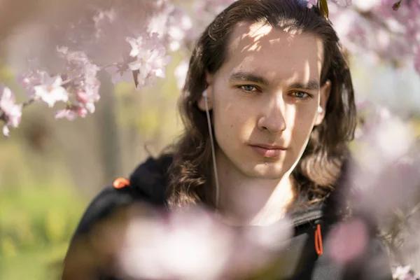 Ein Eleganter Junger Mann Steht Zwischen Den Blühenden Sakura Zweigen — Stockfoto