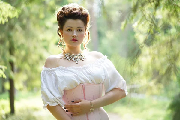 Beautiful Young Chubby Girl Posing Medieval Retro Corset White Vintage — Stock Photo, Image