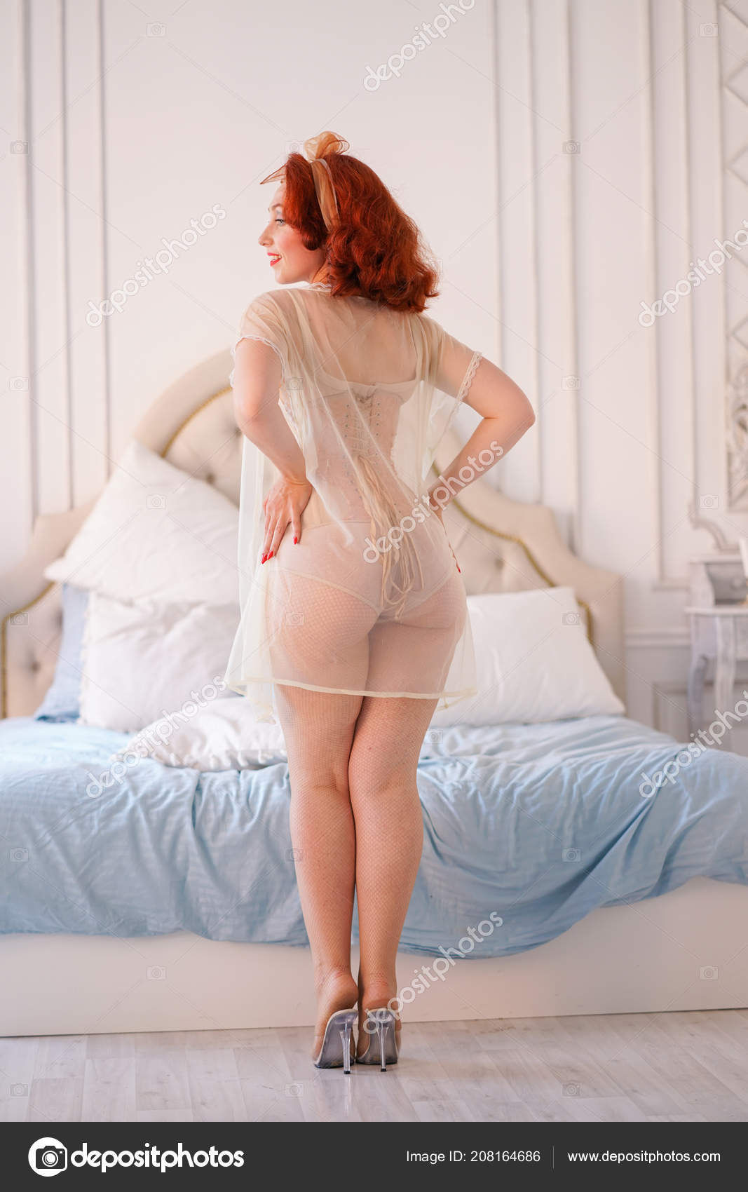 Charming Vintage Girl Posing Beige Pin Lingerie Tight Corset Sheer Stock Photo by ©agnadevi 208164686 picture