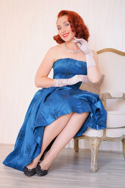 Mannered Beautiful Vintage Woman Dressed Blue Retro Dress Sitting Chair — Stock Photo, Image