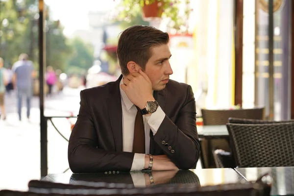 Young Businessman Came Lunch Cafe Sits Table Waits Someone — Stock Photo, Image