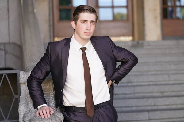 Young Man Black Business Suit White Shirt Tie — Stock Photo, Image