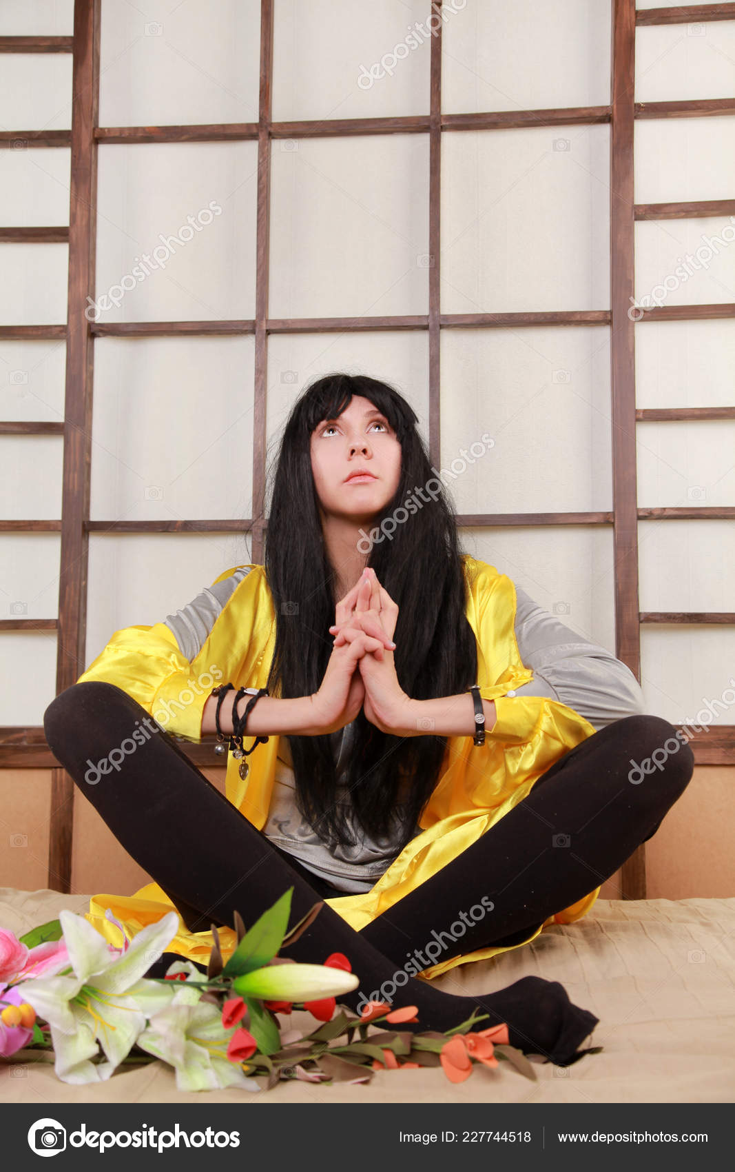 Skinny Tall Brunette Yellow Dress Black Pantyhose Her Beige Bed