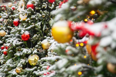 Noel ağaçları gerçek kar renkli topları ile dekore edilmiş