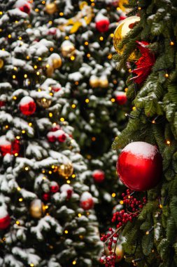 Noel ağaçları gerçek kar renkli topları ile dekore edilmiş