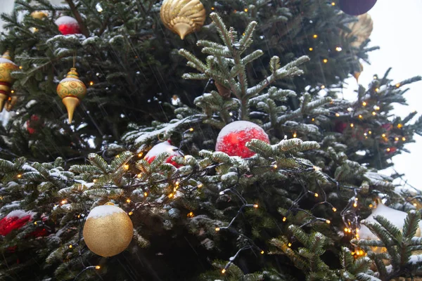 Mit Bunten Kugeln Geschmückte Weihnachtsbäume Echten Schnee — Stockfoto