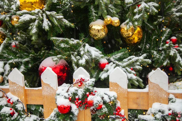 Christmas Trees Decorated Colorful Balls Real Snow — Stock Photo, Image