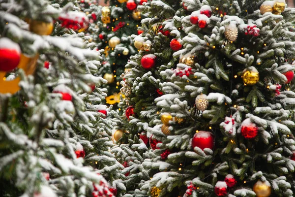 Mit Bunten Kugeln Geschmückte Weihnachtsbäume Echten Schnee — Stockfoto