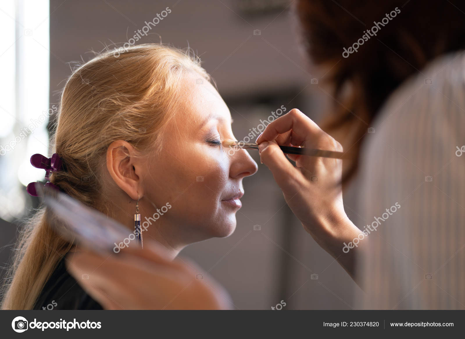 Professional Makeup Artist Applies Makeup Step Step Face Woman Blonde