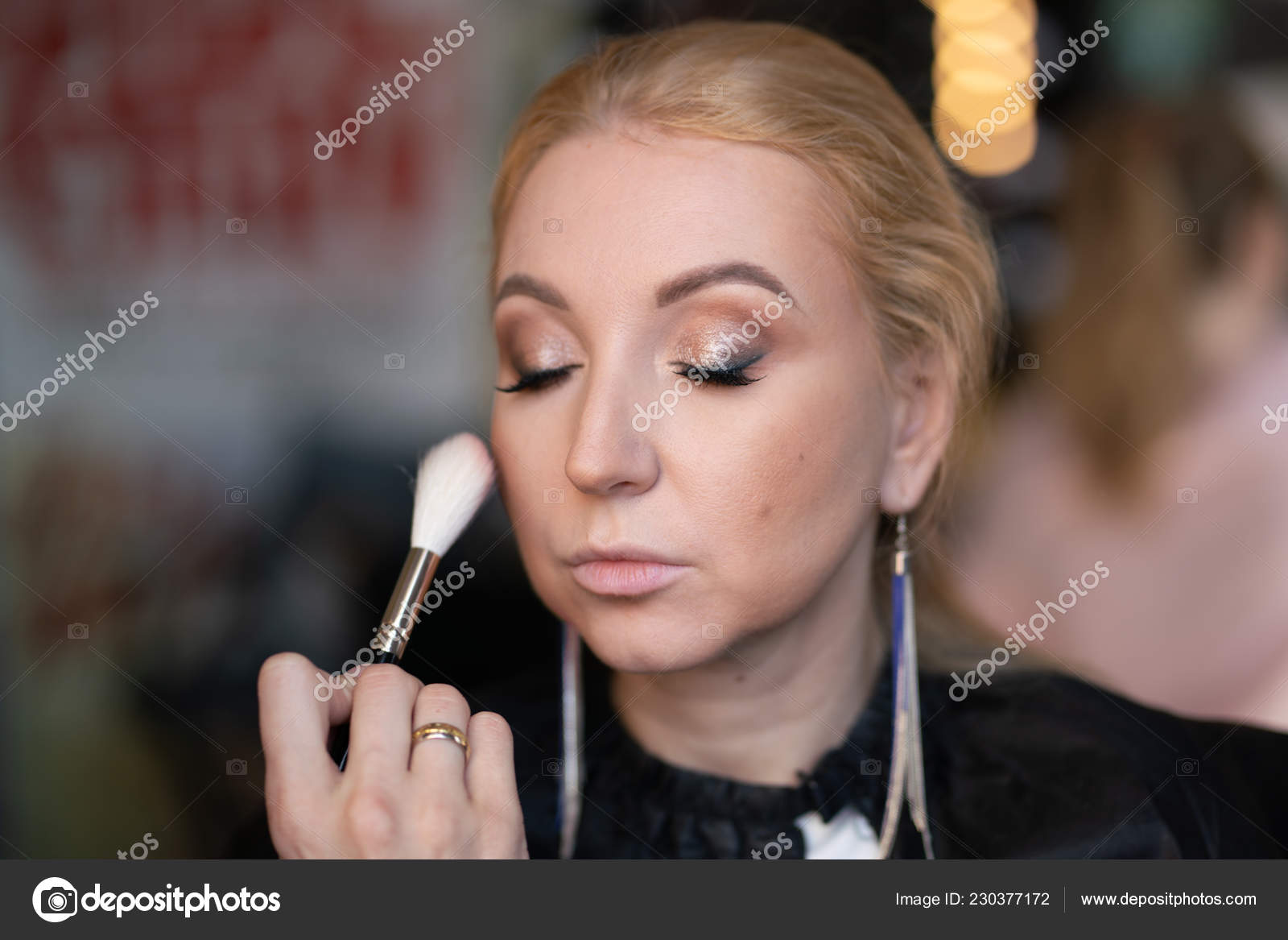 Professional Makeup Artist Applies Makeup Step Step Face Woman Blonde