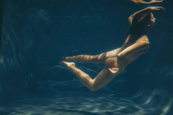 Cute Sporty Girl Swims Underwater Free Diver Sheer Jumpsuit Alone — Stock Photo, Image