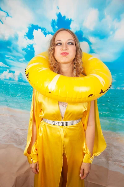 Charming Girl Yellow Dress Inflatable Circle Swimming — Stock Photo, Image