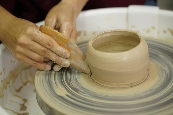 Woman Makes Jug Dirty Arms Potter Wheel Raw Wet Clay — Stock Photo, Image