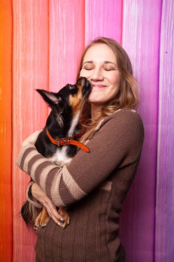 kahverengi bir süveter kollarını bir köpek ile poz güzel beyaz kız