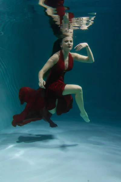 Beautiful Free Diver Woman Swimming Long Red Evening Dress Water — Stock Photo, Image