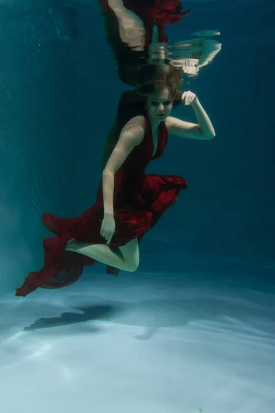 Beautiful Free Diver Woman Swimming Long Red Evening Dress Water — Stock Photo, Image