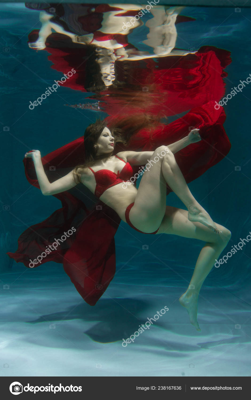 Beautiful Woman Wearing Red Underwear Swimming Stock Photo 715725751