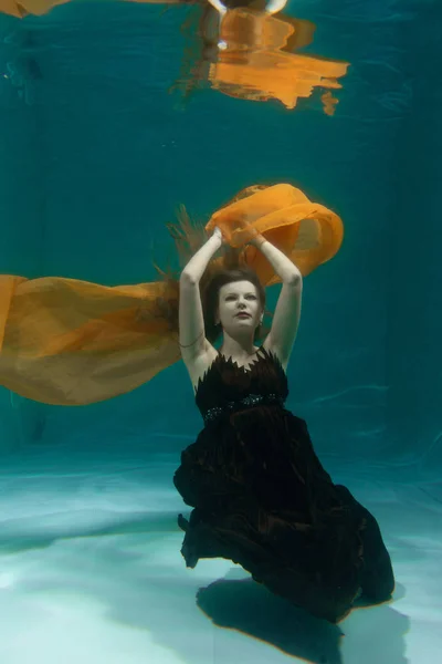 Beautiful Lady Long Evening Dress Swimming Underwater Deep Alone — Stock Photo, Image